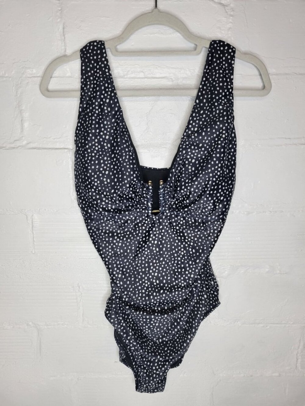 B2Prity Women's Large One Piece Swimsuit Ruched Sides Black White Polka Dot